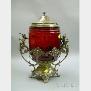 Elaborate Silver Plated and Ruby Glass Sweetmeat Jar/Punch Bowl