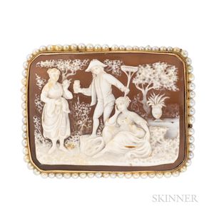 18kt Gold, Shell Cameo, and Cultured Pearl Brooch