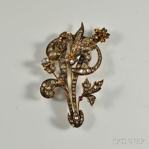 Victorian 10kt Gold and Diamond Floral Brooch