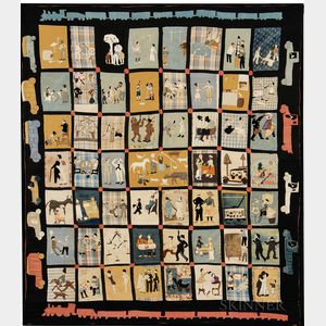 Pieced and Applique Folk Art Quilt "Scenes of American Life,"