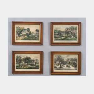 Currier & Ives, publishers (American, 1857-1907) Lot of Four: AMERICAN HOMESTEAD SPRING, SUMMER, FALL, AND WINTER.