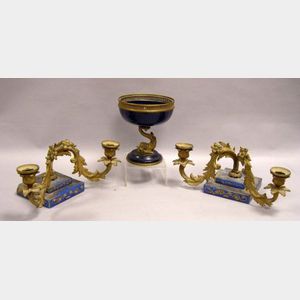 Pair of Victorian Gilt Decorated Blue Opaline and Brass Candelabra and a French Gilt-metal Mounted Glazed Porcelain Footed Bowl.