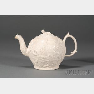 Staffordshire White Saltglazed Stoneware Landscape Teapot and Cover