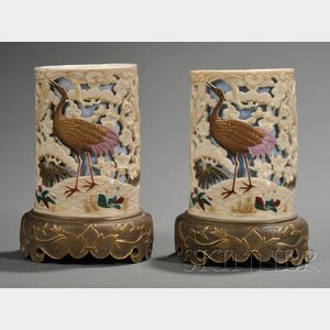 Pair of Royal Worcester Porcelain Japanese-style Tusk Vases