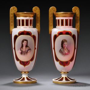 Pair of Bohemian Overlay Glass Portrait Vases