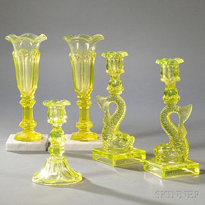 Three Vaseline Candlesticks and Two Vases