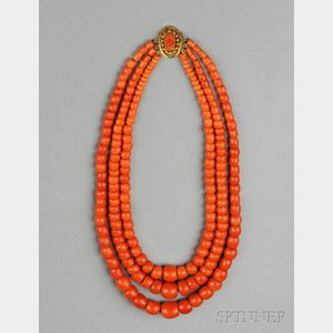 Antique Three-strand Coral Bead Necklace