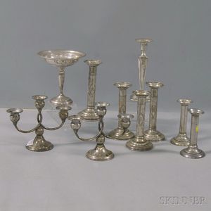 Nine Sterling Silver Candleholders and a Compote