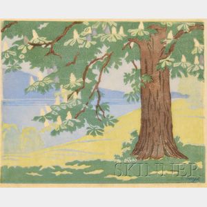 Elfriede Jungk (German, b. 1889) Woodblock Print Tree in Bloom by a Lake