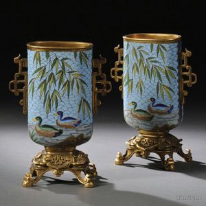 Pair of Elkington & Co. Gilt-bronze Cloisonne Vases