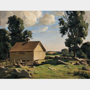 Bertram George Bruestle (American, 1906-1968) Barn and Rocky Field in Summer