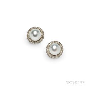 Platinum, South Sea Pearl, and Diamond Earclips
