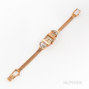 Retro 14kt Rose Gold, Aquamarine, and Diamond Wristwatch