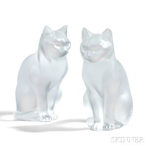 Pair of Lalique Frosted Glass Sitting Cats