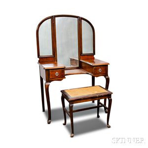 Colonial Revival Mahogany Veneer Lady's Dressing Table and a Caned Bench. 
