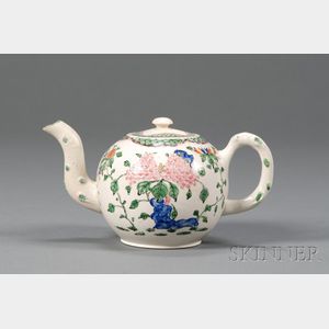 Staffordshire Enameled White Saltglazed Stoneware Teapot and Cover