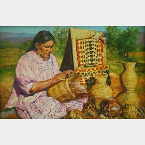 20th Century Native American School Oil on Canvas Depicting a Woman Making Baskets