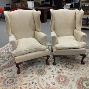 Two Chippendale-style Upholstered Mahogany Wing Chairs
