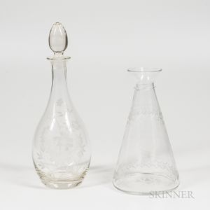 Reijmyre Etched Colorless Glass Carafe and an Unmarked Decanter