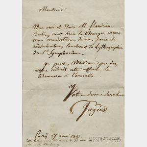 Ingres, Jean-Auguste-Dominique (1780-1867) Autograph Letter Signed, Paris, 27 May 1841.