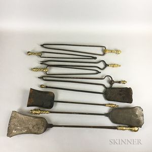 Nine Turned Brass and Iron Fireplace Shovels and Tongs. 