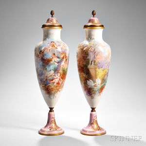 Pair of Sevres-style Porcelain Covered Urns