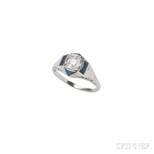 Art Deco 18kt White Gold, Diamond, and Sapphire Ring