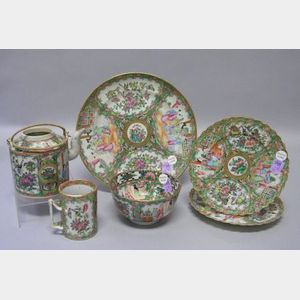 Chinese Export Porcelain Rose Medallion Teapot, a Pair of Plates, Small Mug, Bowl, and a Plate.