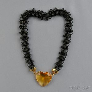 14kt Gold, Black Anodized Metal, and Citrine Necklace