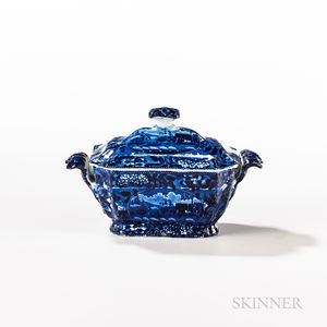 Staffordshire Historical Blue Transfer-decorated "Landing of General Lafayette at Castle Garden, New York, August, 1824" Sauce Tureen