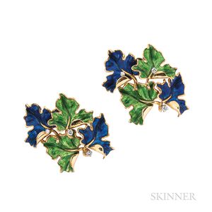 Pair of Tiffany & Co. 18kt Gold, Enamel, and Diamond Leaf Brooches