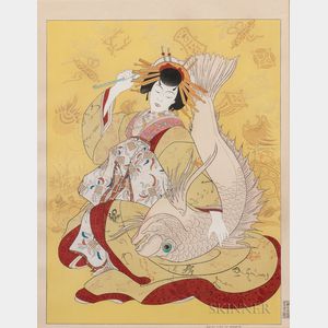 Paul Jacoulet (1902-1960),Ebisu, Dieu du Bonheur, Personnifie par une Courtisane du Shimabara, Kyoto, Japon