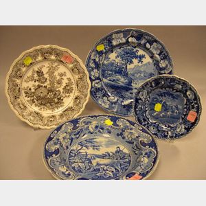 Two Blue and White Transfer Decorated Staffordshire Plates, a Soup Bowl, and a Brown White Transfer Decorated Plate