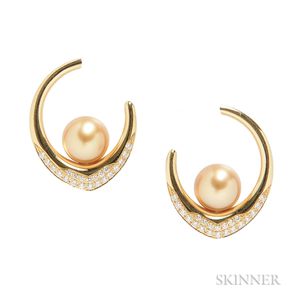 18kt Gold, Golden Pearl, and Diamond Earrings