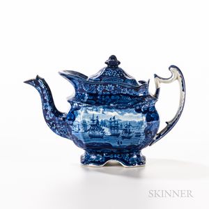Staffordshire Historical Blue Transfer-decorated "Commodore MacDonough's Victory" Teapot