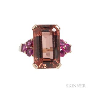 Retro 14kt Gold, Pink Tourmaline, and Ruby Ring