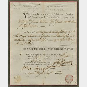 Hancock, John (1737-1793) Signed Document, Boston, 23 November 1787.