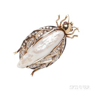 14kt Gold, Diamond, Baroque Pearl, and Ruby Beetle Brooch