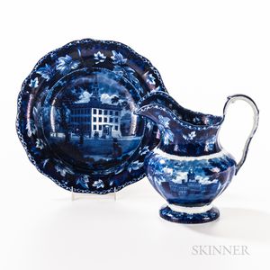 Staffordshire Historical Blue Transfer-decorated New York, City Hall and New York, Hospital Pitcher and Lawrence Mansion, Boston