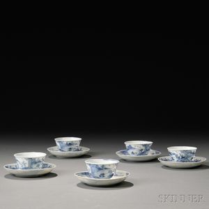 Five Blue and White Teacups with Saucers