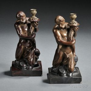 Two Copper Lustre Figural Candlesticks