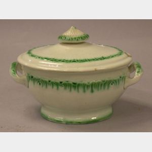 Small Leeds Green and White Covered Sauce Tureen.