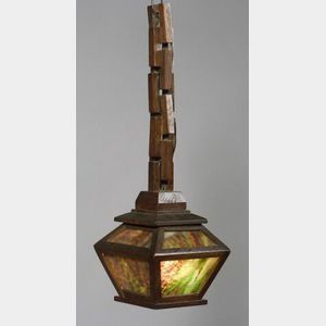 Slag Glass and Oak Hanging Lantern