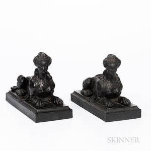 Two Marked Wedgwood Black Basalt Grecian Sphinxes