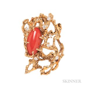 18kt Gold, Coral, and Diamond Brooch, Arthur King
