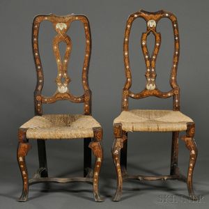 Two Italian Rococo Inlaid Walnut Side Chairs