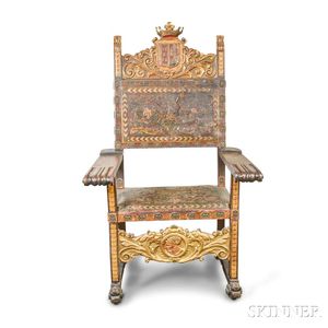 Renaissance-style Carved Walnut and Embossed Leather Throne Chair
