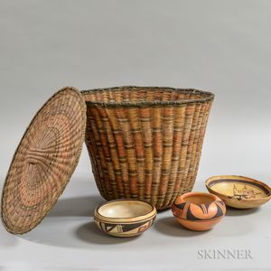 Four Hopi Items, Three Painted Pottery Bowls, and a Lidded Wicker Basket