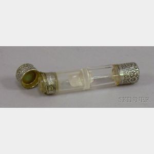 English Victorian Sterling Silver Mounted Colorless Glass Double Perfume Vial.