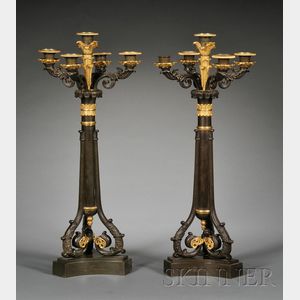 Pair of Charles X Patinated and Gilded Bronze Five-light Candelabra